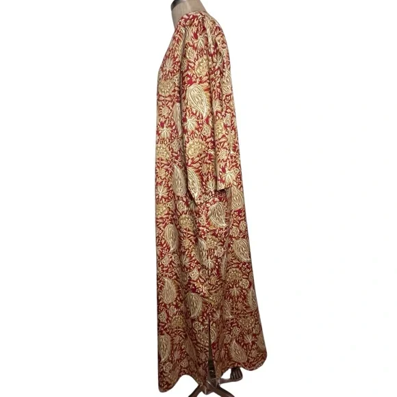 Natori Georgette Zip Front Caftan Kimono Red Gold Paisley Comfort — Large - Picture 7 of 12